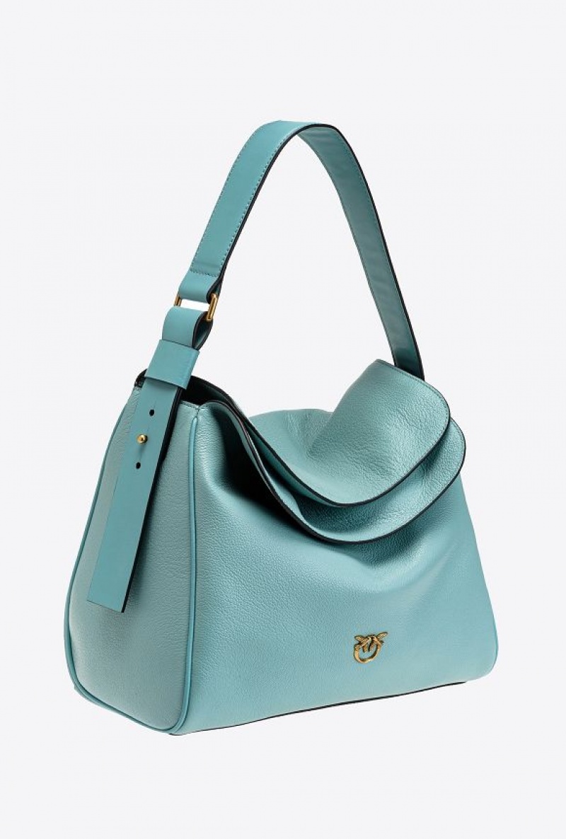 Pinko Big Leaf Bag Hobo In Tumbled Leather SEA BLUE-ANTIQUE GOLD | SN-PKO32852