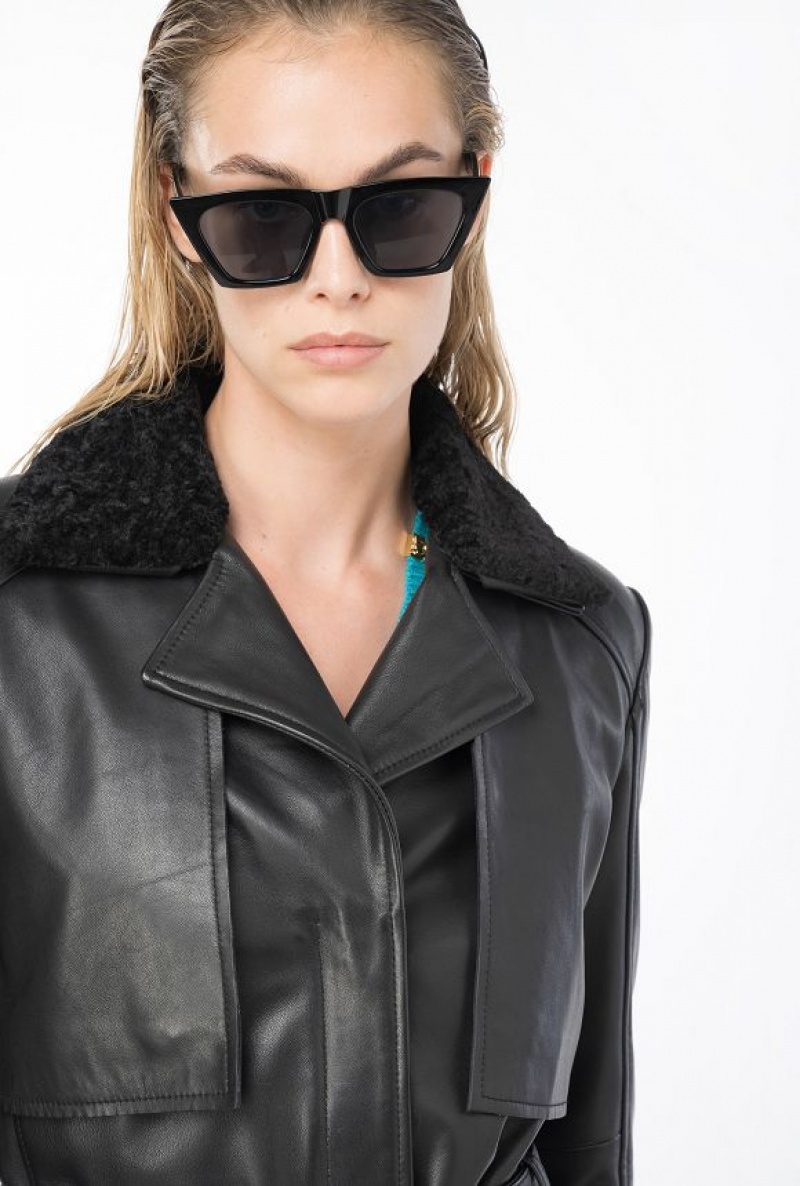 Pinko Biker Jacket With Faux Sheepskin Collar LIMO BLACK | SN-PKO33597