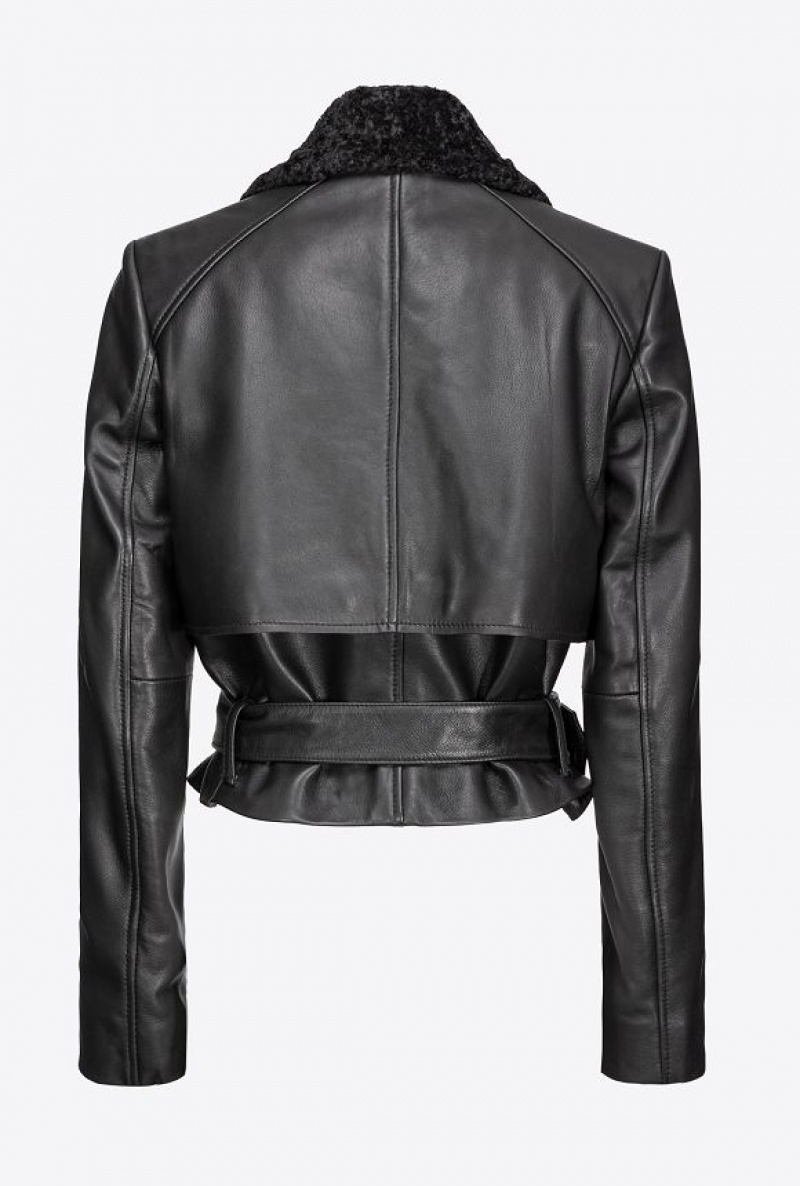 Pinko Biker Jacket With Faux Sheepskin Collar LIMO BLACK | SN-PKO33597