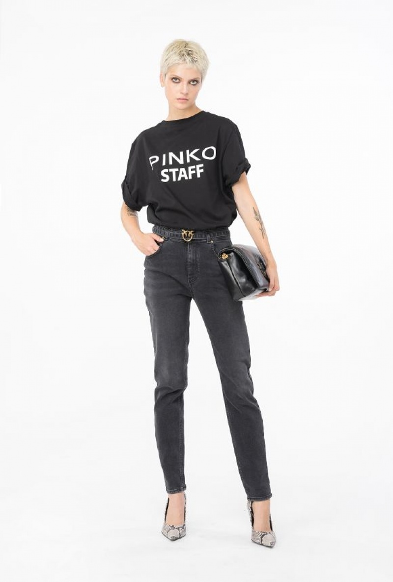 Pinko Black Stretch Denim Skinny Jeans With Belt DARK BLACK DIRTY WASH | SN-PKO34008