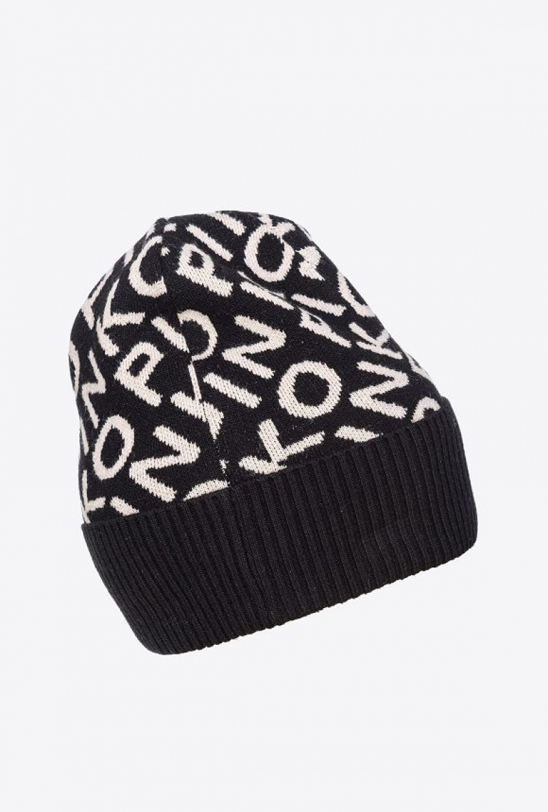 Pinko Branded Knit Beanie BLACK/IVORY | SN-PKO34359