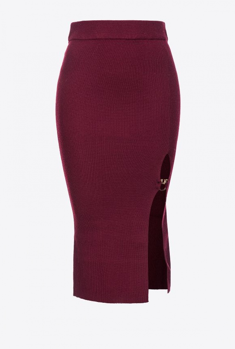 Pinko Calf-length Wool Skirt With Love Birds Buckle BURGUNDY-PORT ROYALE | SN-PKO33876