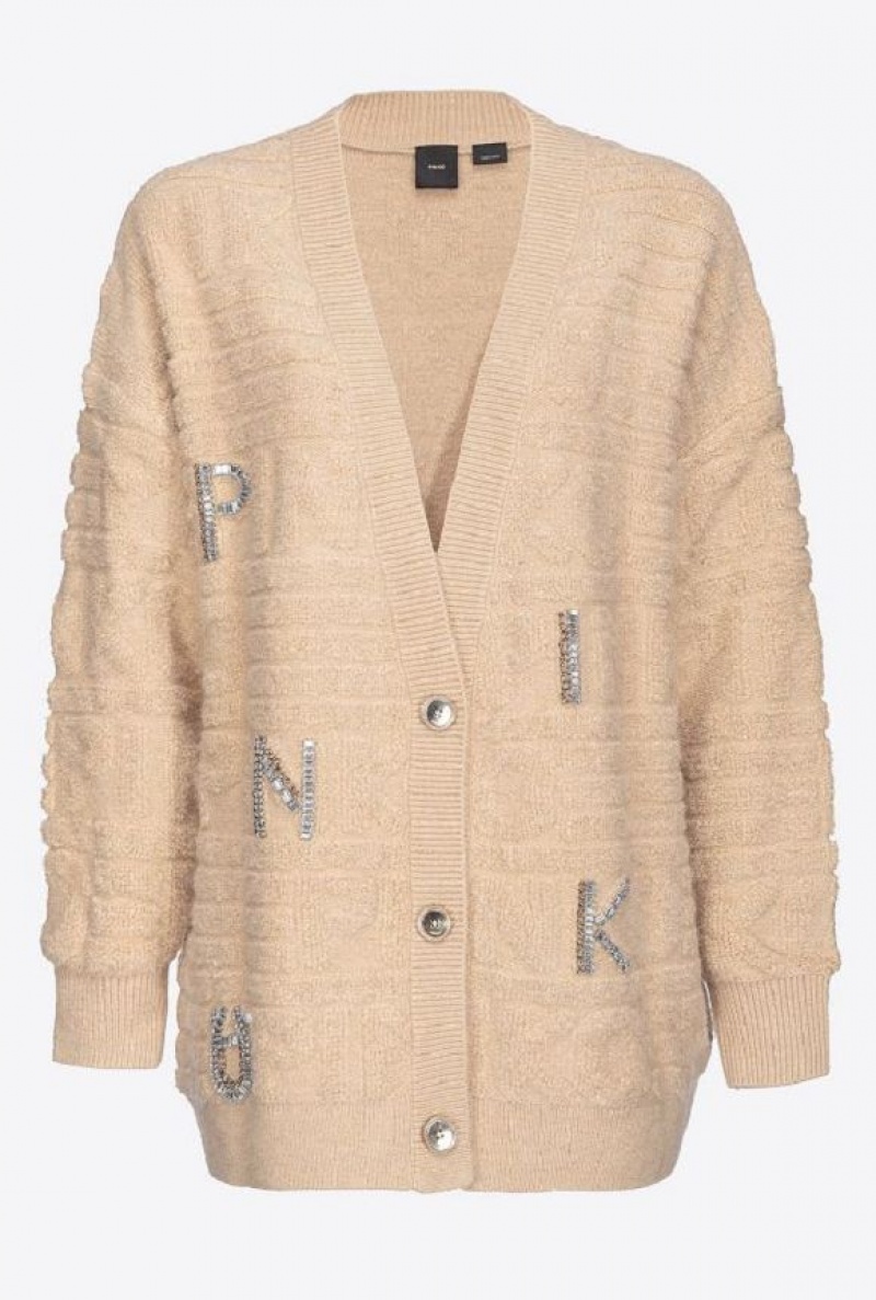 Pinko Cardigan With 3d Rhinestone Logo BEIGE-NOUGAT | SN-PKO33550