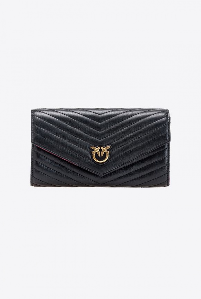 Pinko Chevron Nappa Leather Wallet BLACK-ANTIQUE GOLD | SN-PKO34297