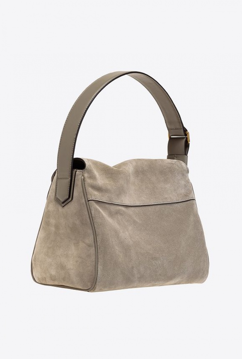 Pinko Classic Leaf Bag Hobo In Suede WALNUT-ANTIQUE GOLD | SN-PKO32588