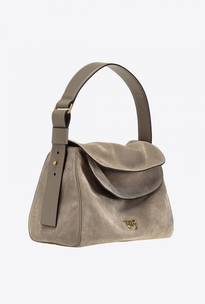 Pinko Classic Leaf Bag Hobo In Suede WALNUT-ANTIQUE GOLD | SN-PKO32588