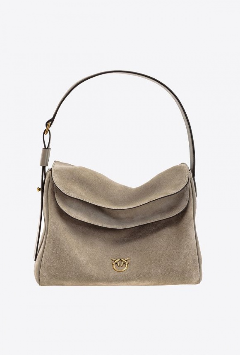 Pinko Classic Leaf Bag Hobo In Suede WALNUT-ANTIQUE GOLD | SN-PKO32588