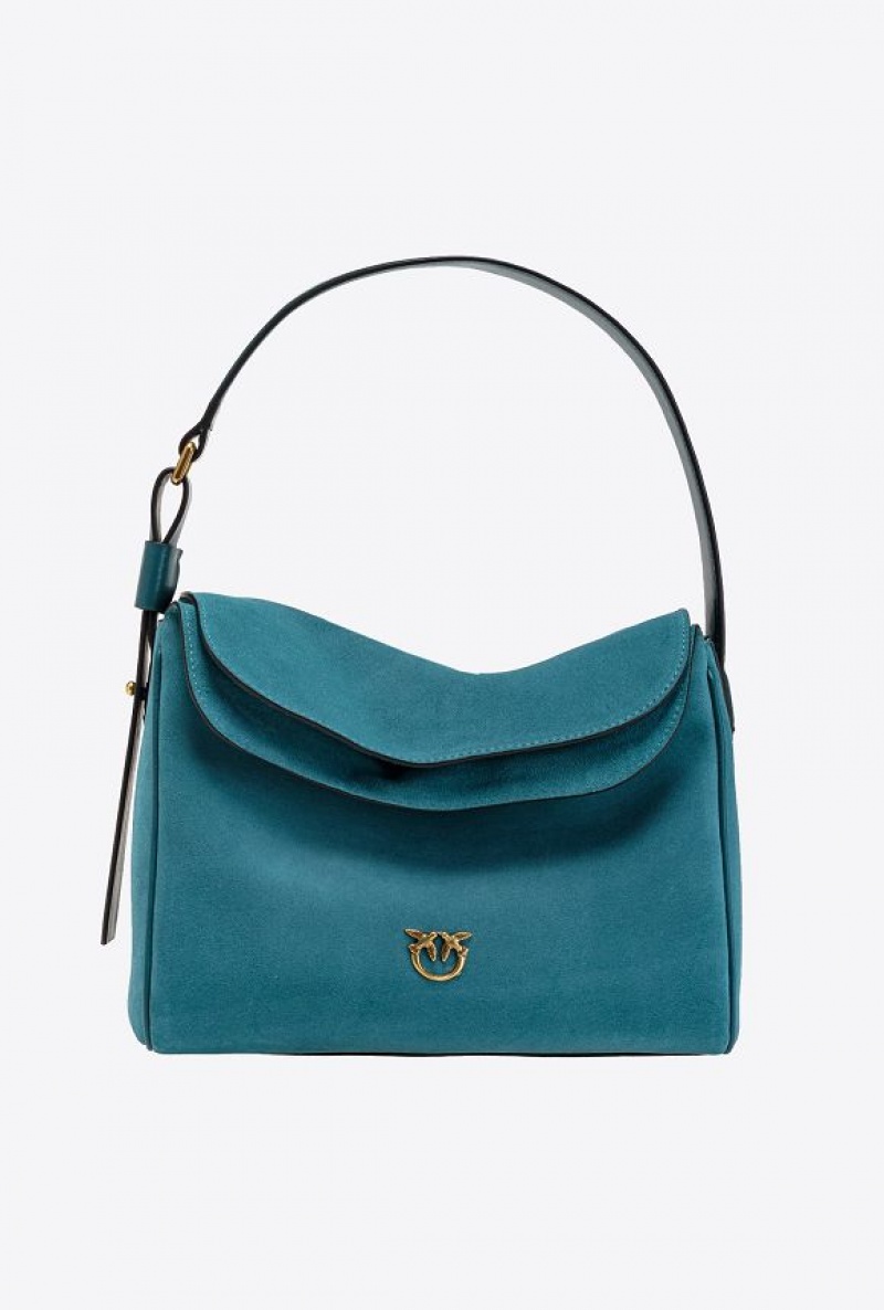 Pinko Classic Leaf Bag Hobo In Suede PACIFIC BLUE-ANTIQUE GOLD | SN-PKO32384