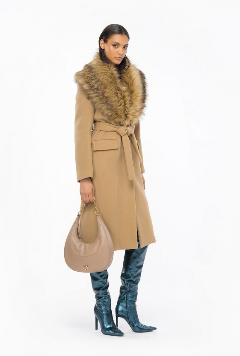 Pinko Coat With Faux Fur Collar MOCHA CAMEL | SN-PKO33658