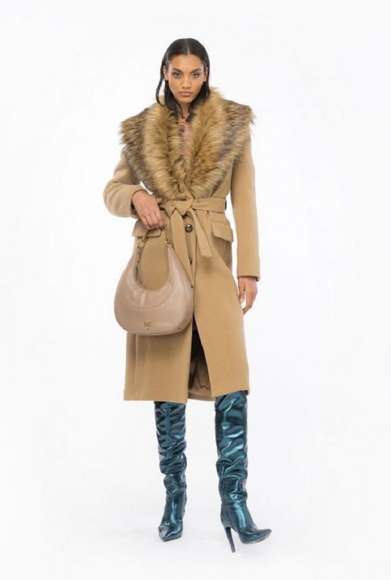 Pinko Coat With Faux Fur Collar MOCHA CAMEL | SN-PKO33658