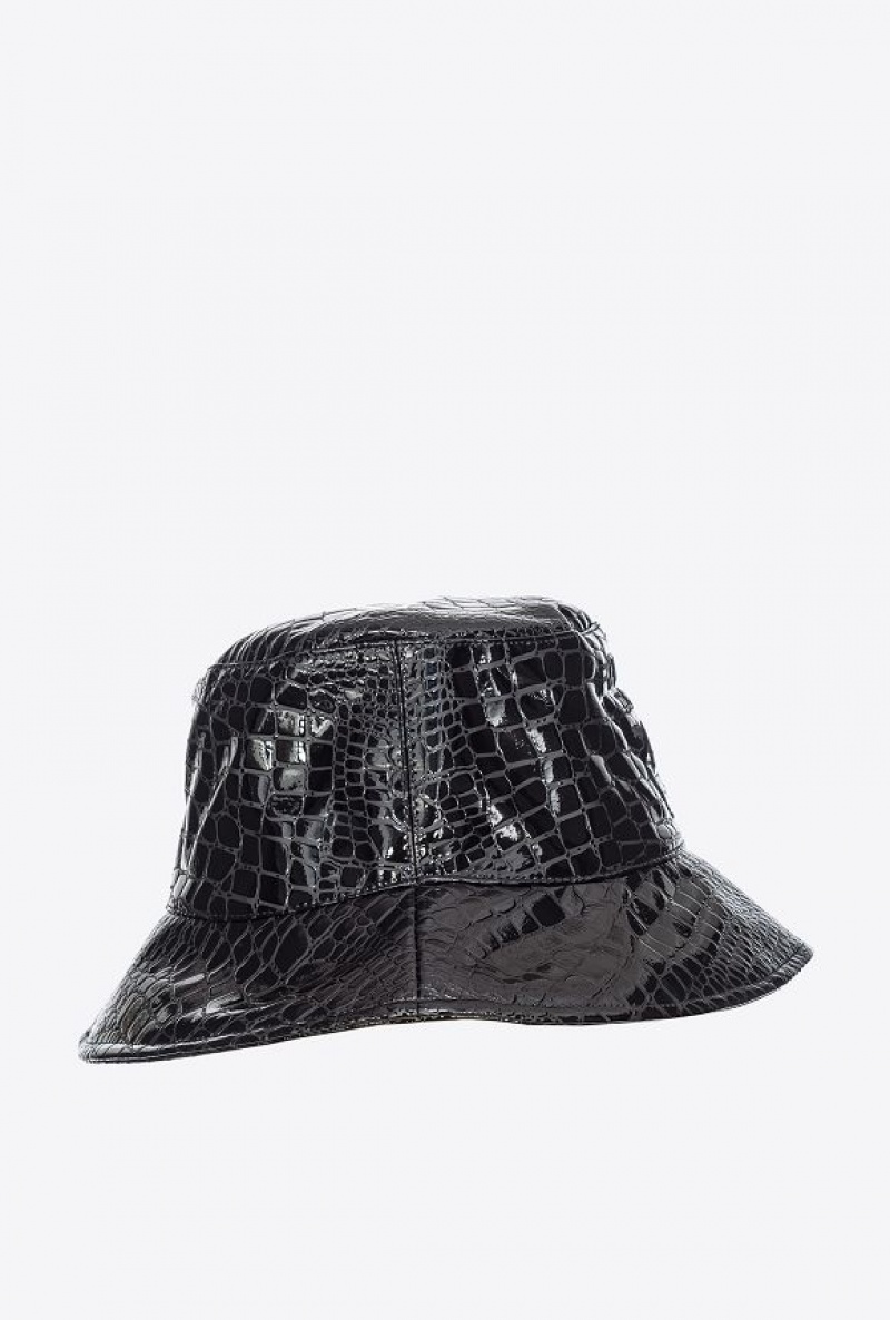 Pinko Croc Print Patent Leather Bucket Hat LIMO BLACK | SN-PKO34366