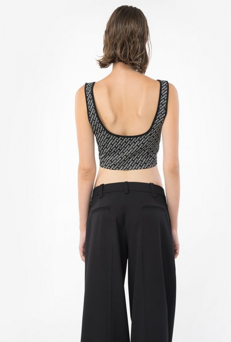 Pinko Crop Top With Logo Detail BLACK/IVORY | SN-PKO33294