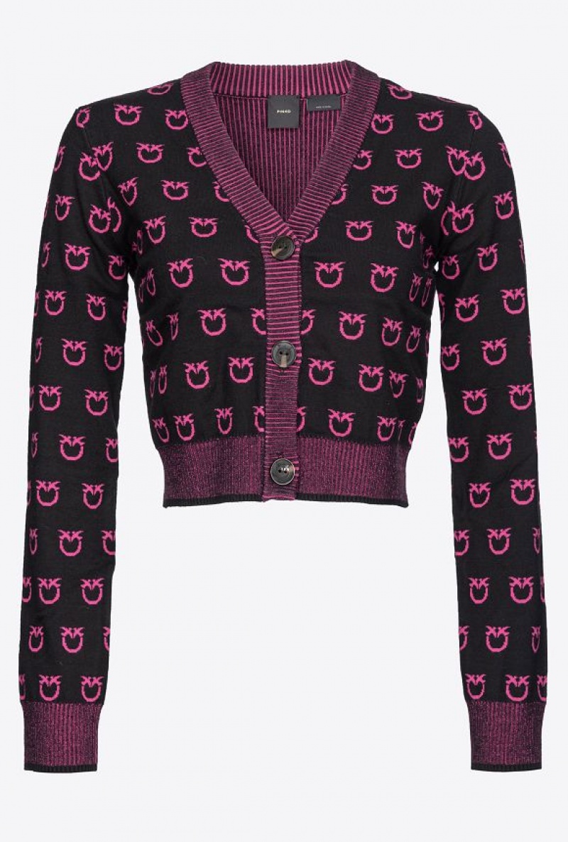 Pinko Cropped Logo Jacquard Cardigan BLACK/FUCHSIA | SN-PKO33475