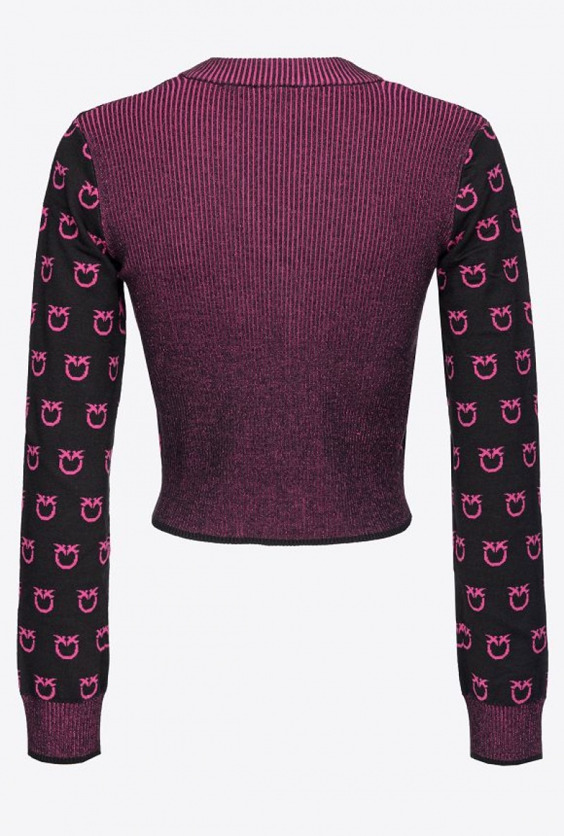 Pinko Cropped Logo Jacquard Cardigan BLACK/FUCHSIA | SN-PKO33475