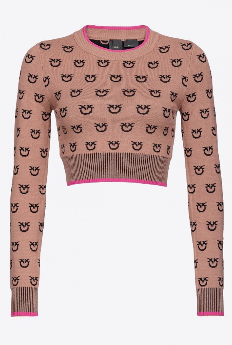 Pinko Cropped Logo Jacquard Sweater CAMEL/BLACK | SN-PKO33529