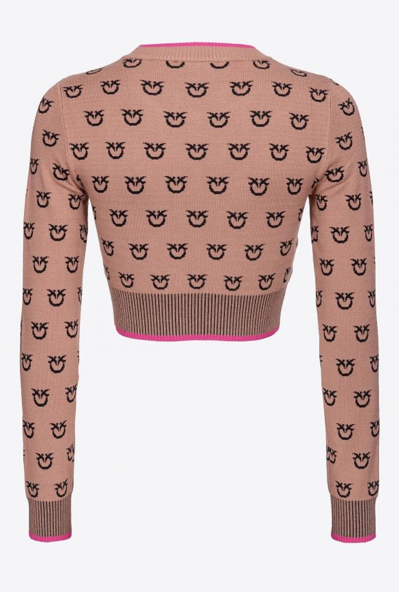 Pinko Cropped Logo Jacquard Sweater CAMEL/BLACK | SN-PKO33830