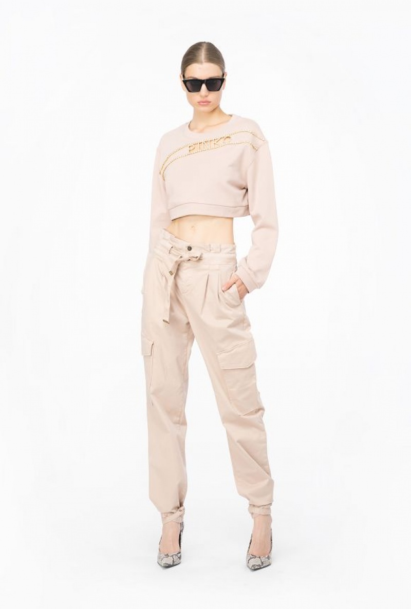 Pinko Cropped Sweatshirt With Rhinestone Logo NUDE - BABY | SN-PKO33474