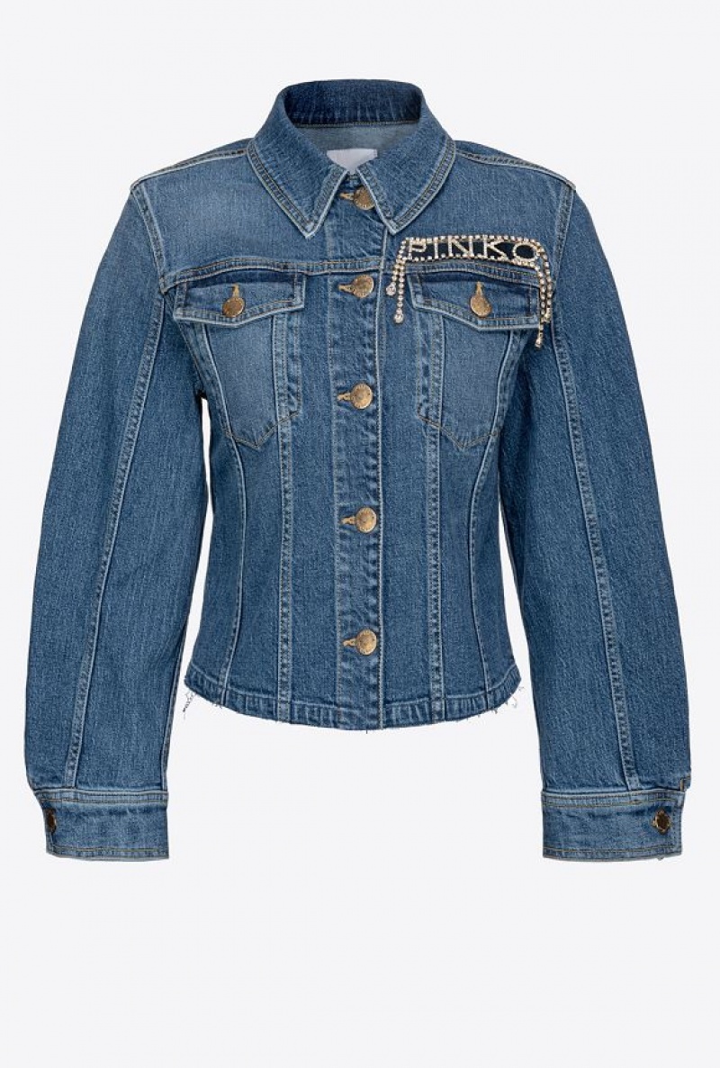 Pinko Denim Jacket With Rhinestone Logo MEDIUM LIGHT WASH | SN-PKO33598