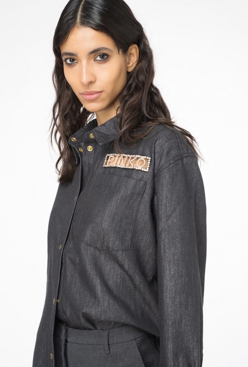 Pinko Denim Shirt With Rhinestone Logo BLACK/SILVER | SN-PKO33179