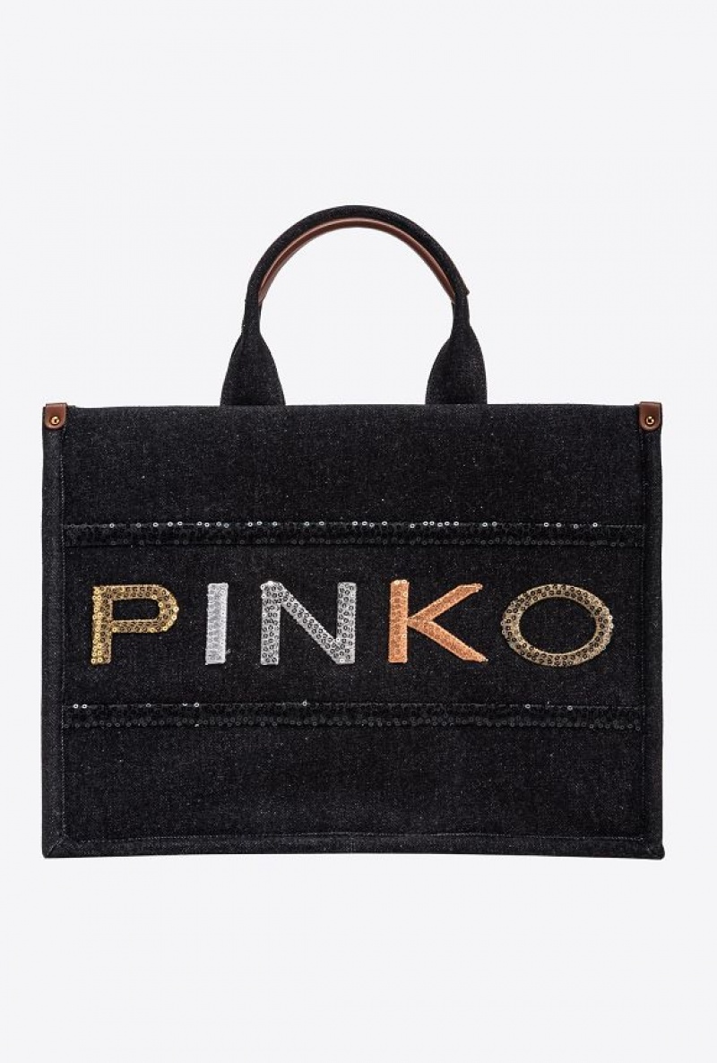 Pinko Denim Shopper Bag With Sequinned Logo BLACK DENIM-ANTIQUE GOLD | SN-PKO32879