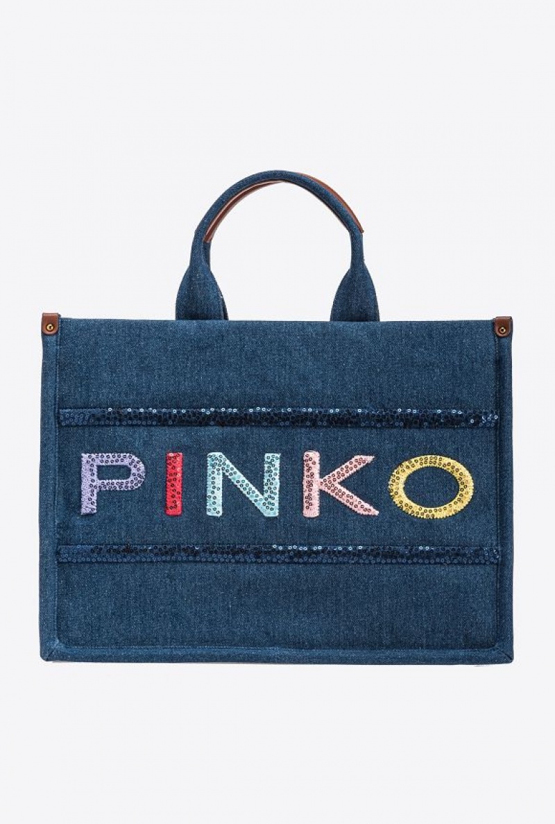 Pinko Denim Shopper Bag With Sequinned Logo BLUE DENIM-ANTIQUE GOLD | SN-PKO32907