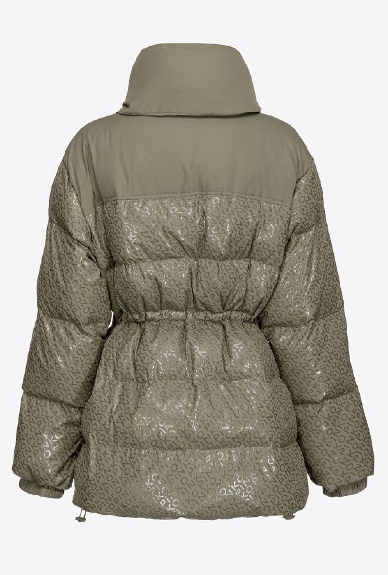 Pinko Down Jacket With Glossy Logo Print CYPRESS GREEN | SN-PKO33643