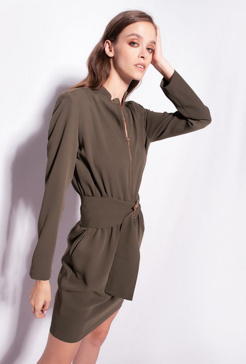 Pinko Dress With Love Birds Belt And Zip ARMY GREEN | SN-PKO32989