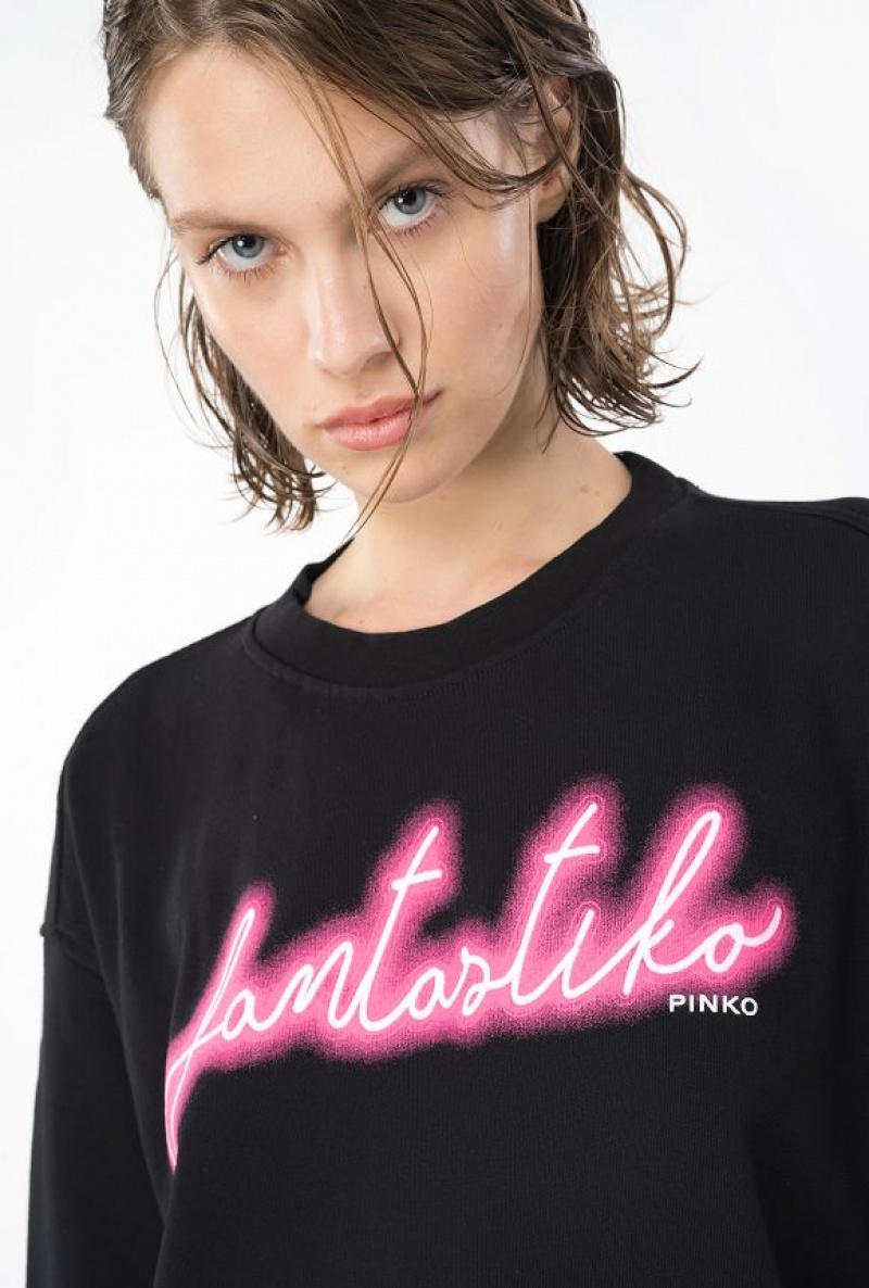 Pinko Fantastiko-print Sweatshirt BLACK/FUCHSIA | SN-PKO33473