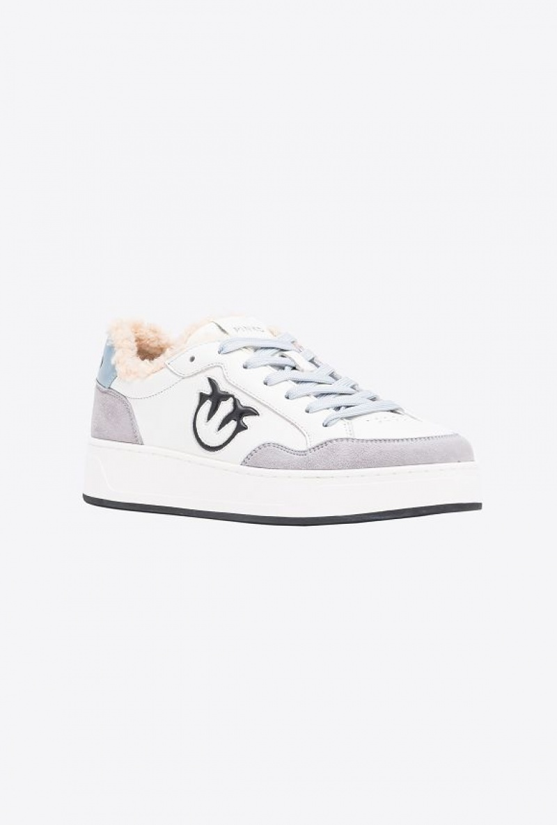 Pinko Faux Fur Basketball Sneakers With Logo OFF WHITE/GREY/BEIGE | SN-PKO34120