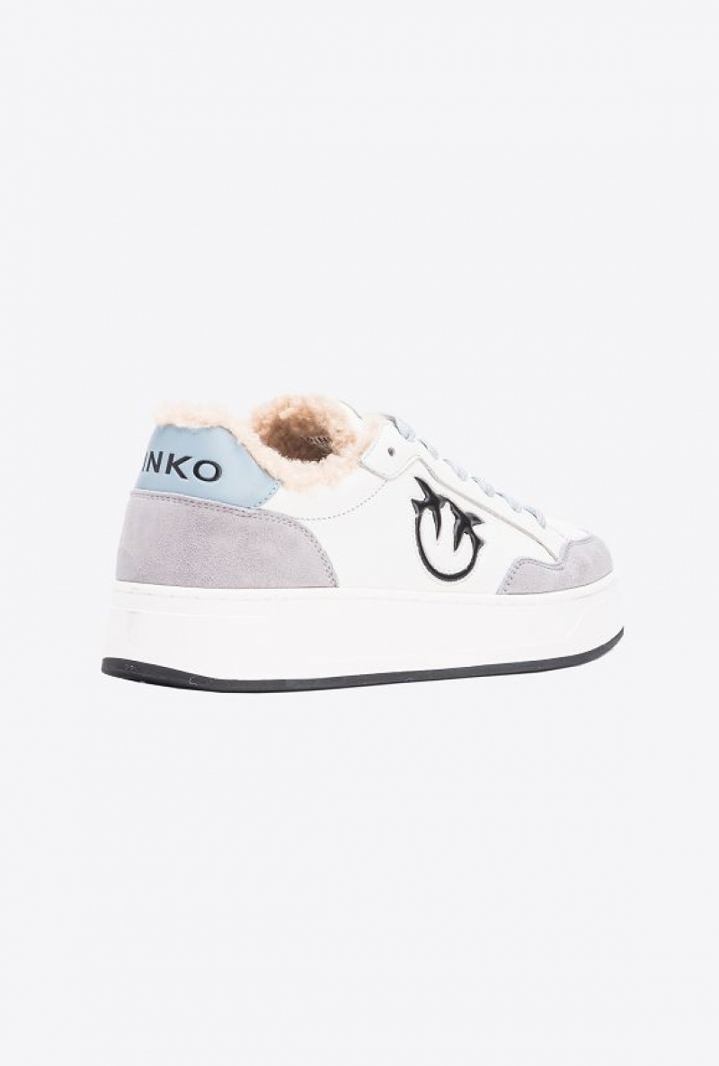 Pinko Faux Fur Basketball Sneakers With Logo OFF WHITE/GREY/BEIGE | SN-PKO34120