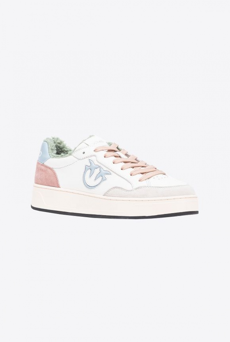 Pinko Faux Fur Basketball Sneakers With Logo OFF WHITE/BEIGE/MINT | SN-PKO34121