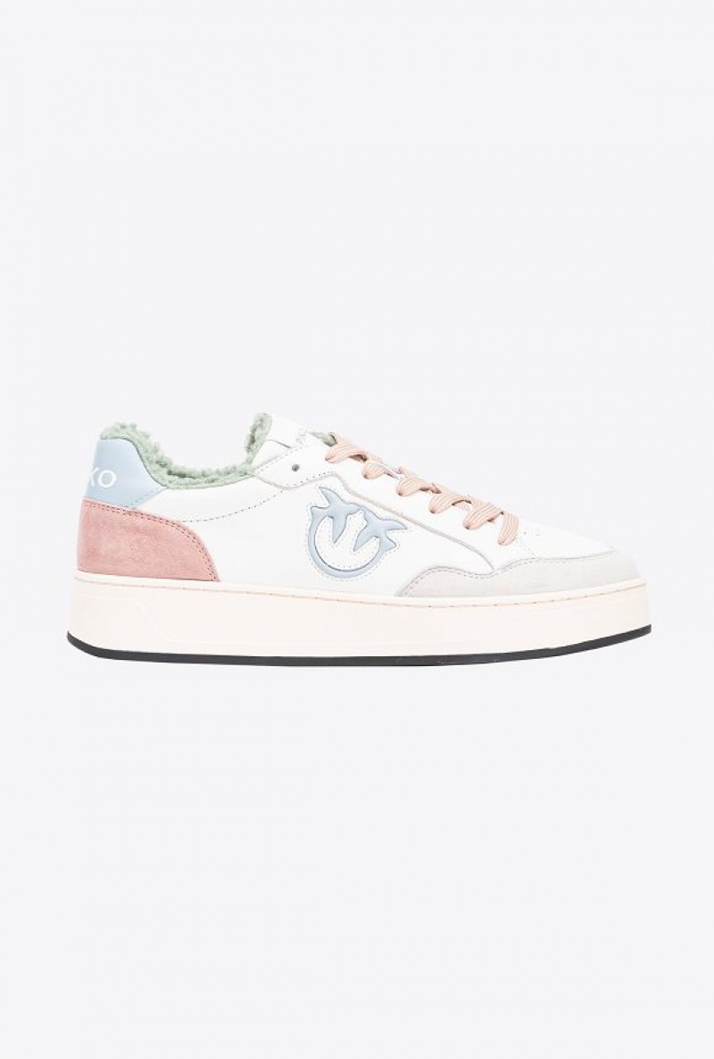 Pinko Faux Fur Basketball Sneakers With Logo OFF WHITE/BEIGE/MINT | SN-PKO34121