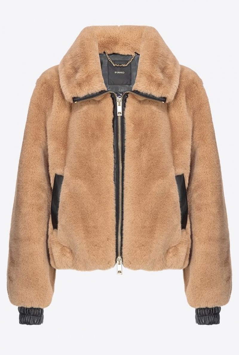 Pinko Faux Fur Bomber Jacket WARM TAUPE BEIGE | SN-PKO33676