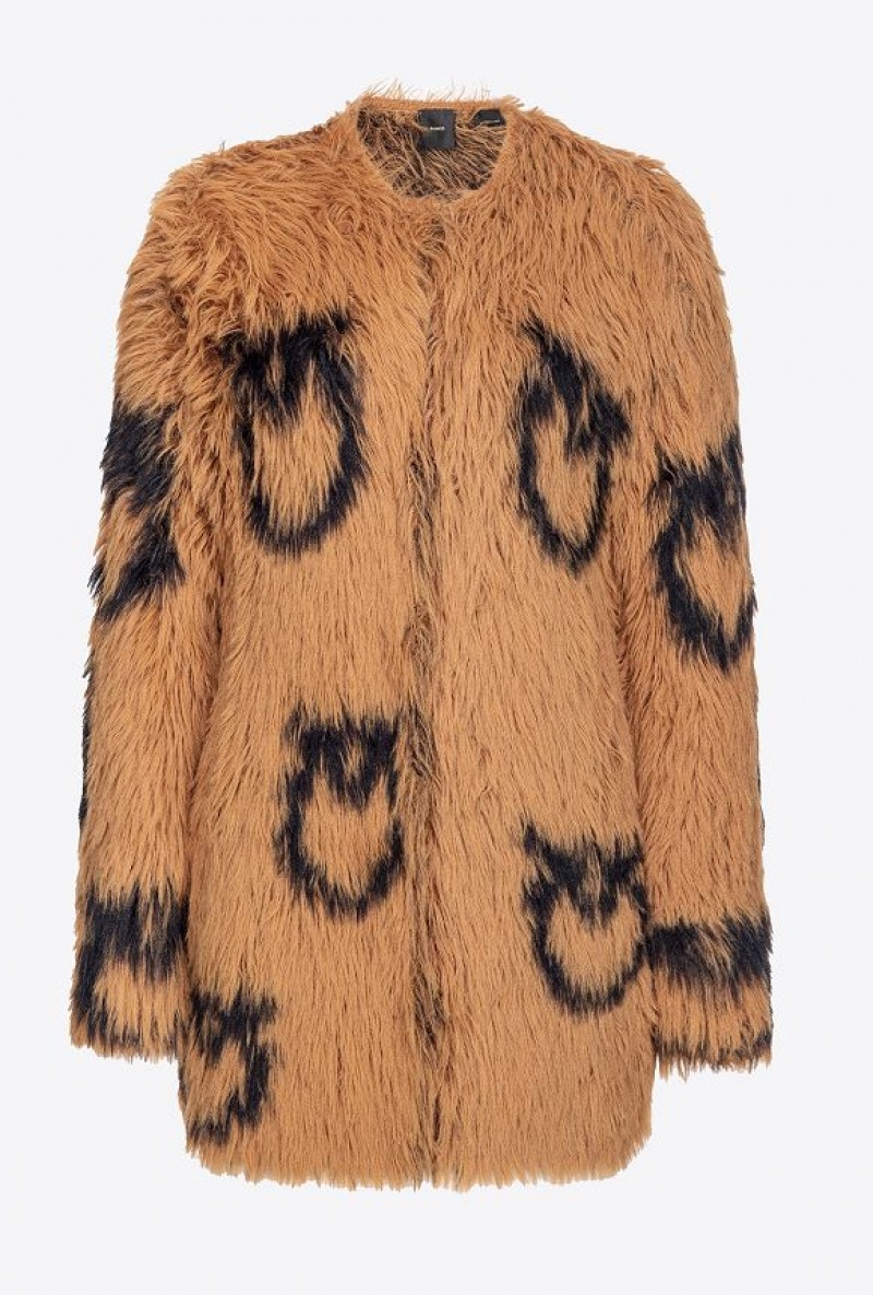 Pinko Faux Fur Coat With Love Birds Logo CAMEL/BLACK | SN-PKO33633