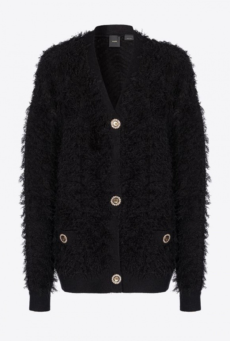 Pinko Fluffy Fray-effect Cardigan LIMO BLACK | SN-PKO33564