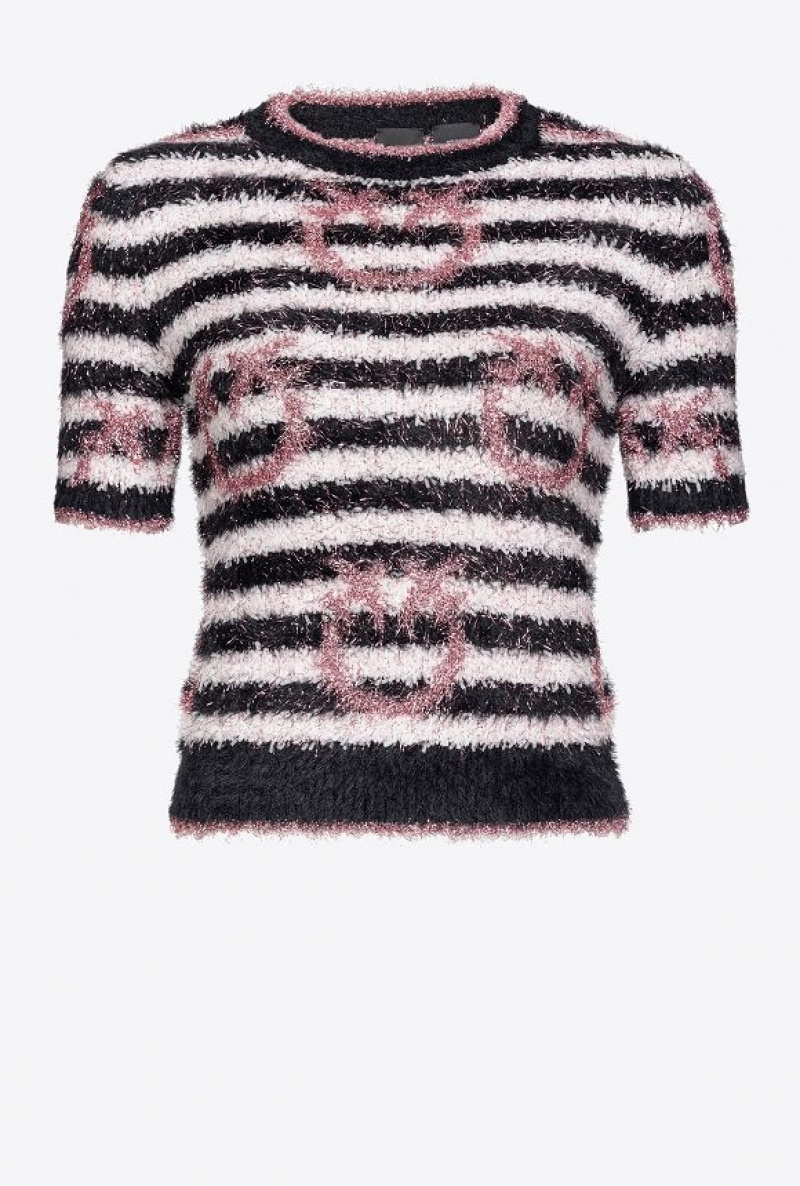 Pinko Fringed Lurex Sweater WHITE/BLACK/PINK | SN-PKO33430