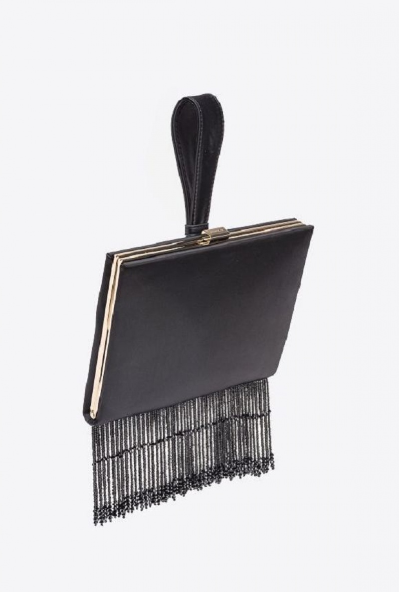 Pinko Fringed Satin Handbag LIMO BLACK-SHINY GOLD | SN-PKO32872