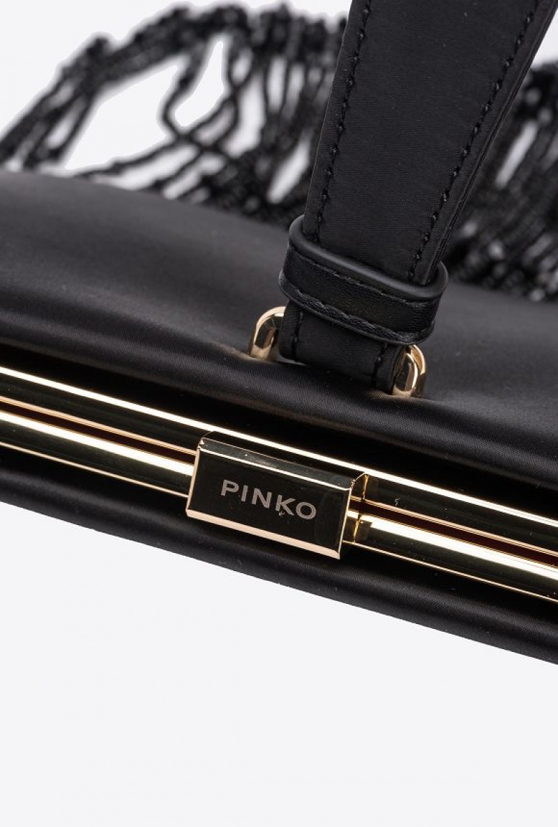 Pinko Fringed Satin Handbag LIMO BLACK-SHINY GOLD | SN-PKO32872