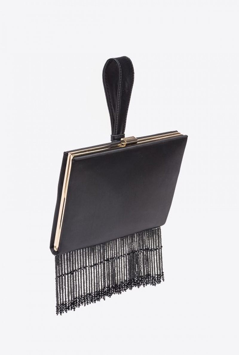 Pinko Fringed Satin Handbag LIMO BLACK-SHINY GOLD | SN-PKO32903