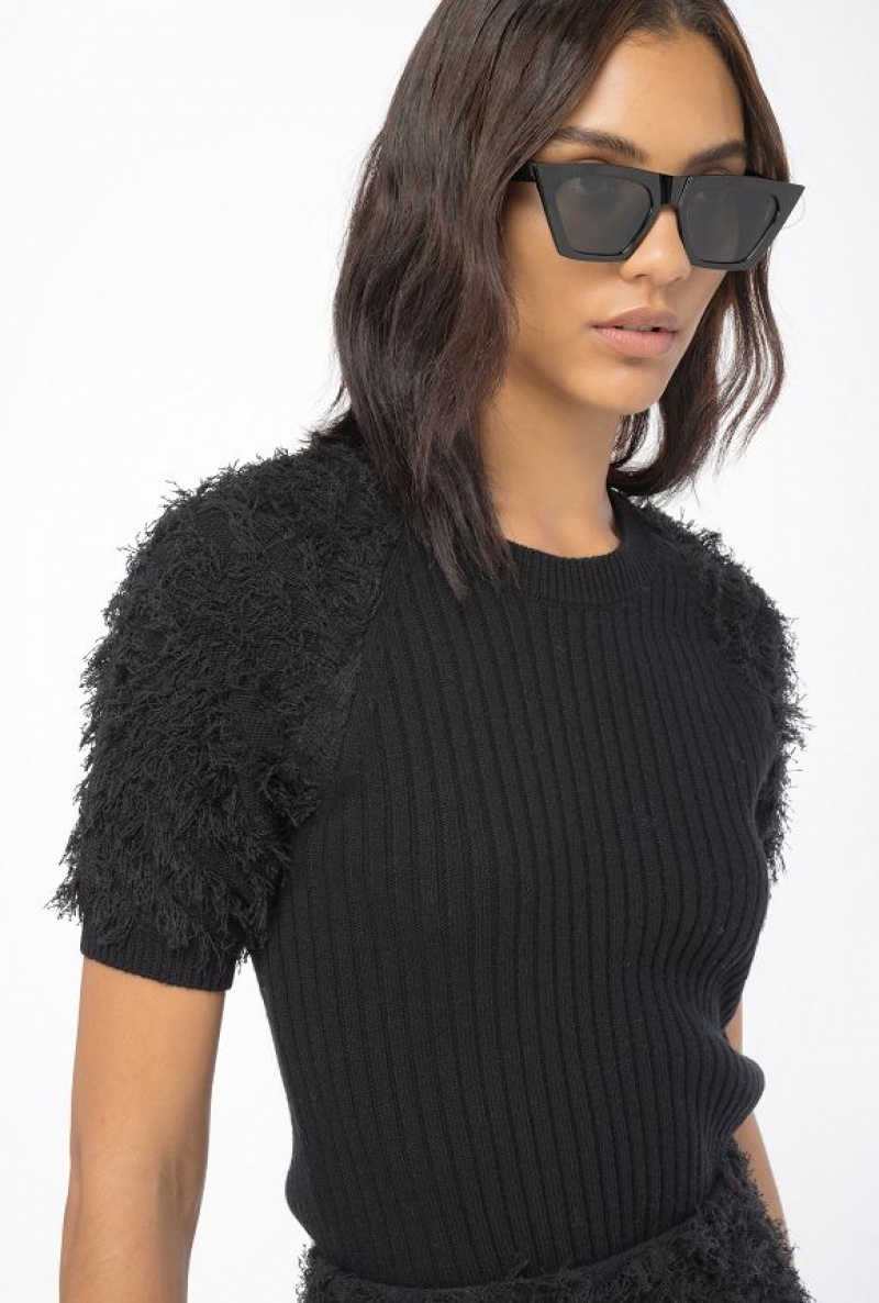 Pinko Fringe-effect Wool-blend Sweater LIMO BLACK | SN-PKO33563