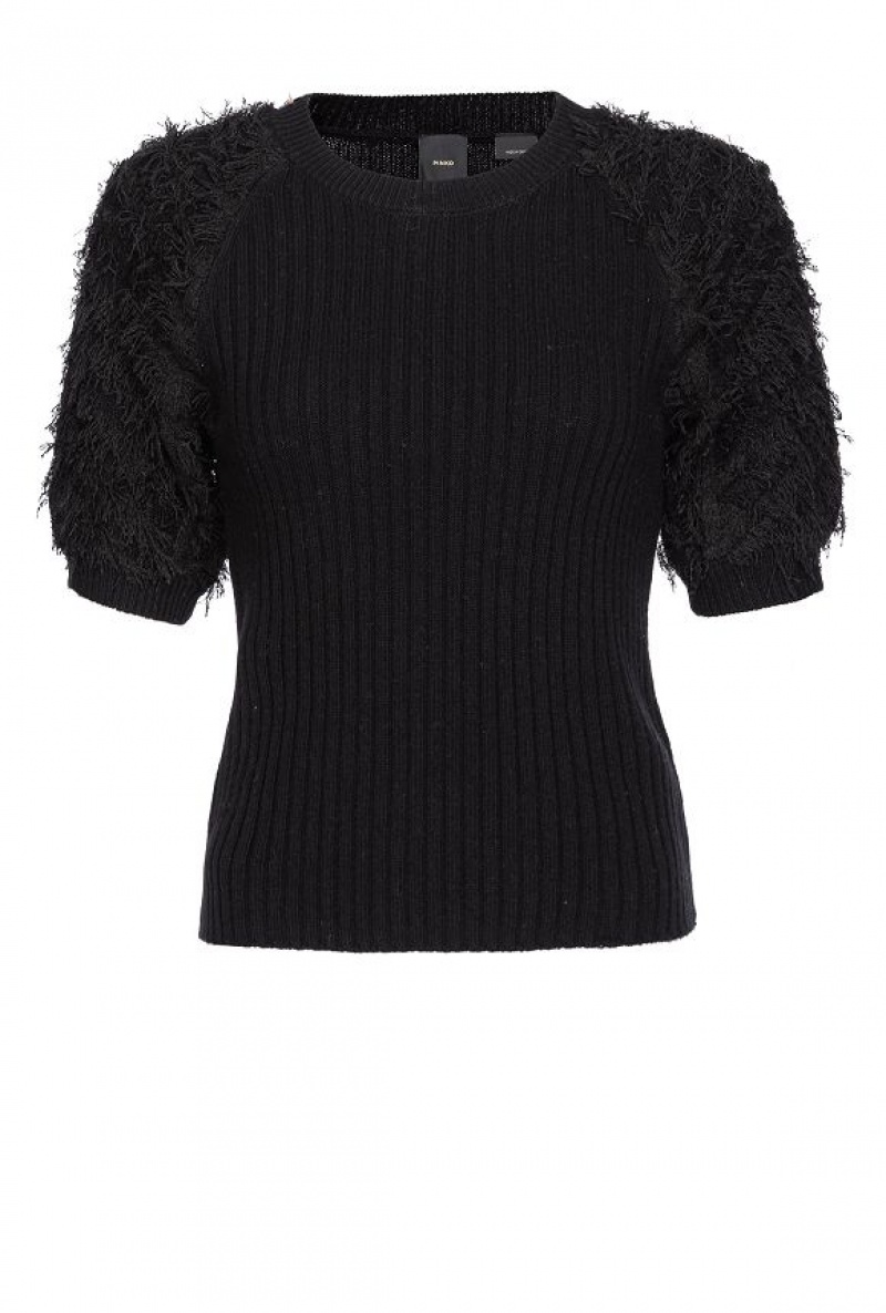 Pinko Fringe-effect Wool-blend Sweater LIMO BLACK | SN-PKO33563