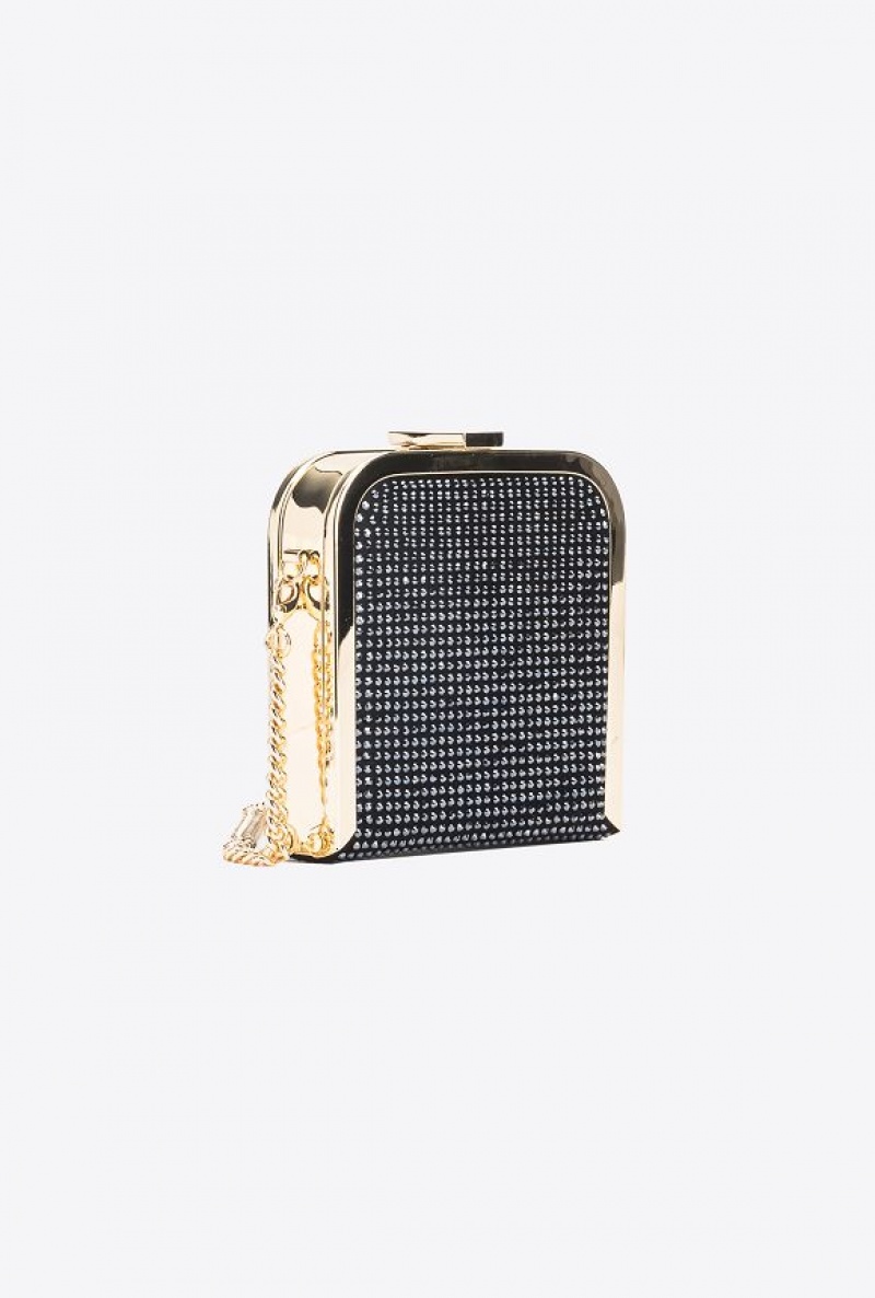 Pinko Fully Rhinestoned Box Clutch LIMO BLACK-SHINY GOLD | SN-PKO32901