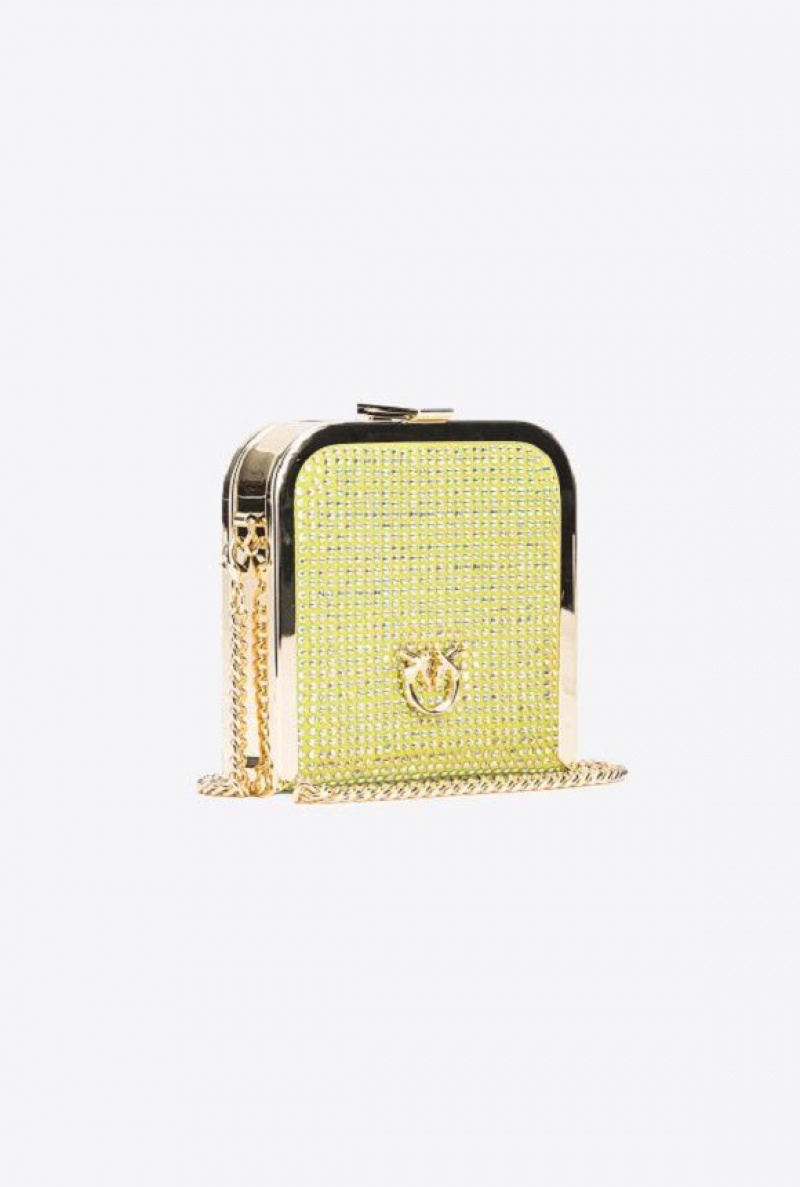 Pinko Fully Rhinestoned Box Clutch YELLOW LIME-SHINY GOLD | SN-PKO32425