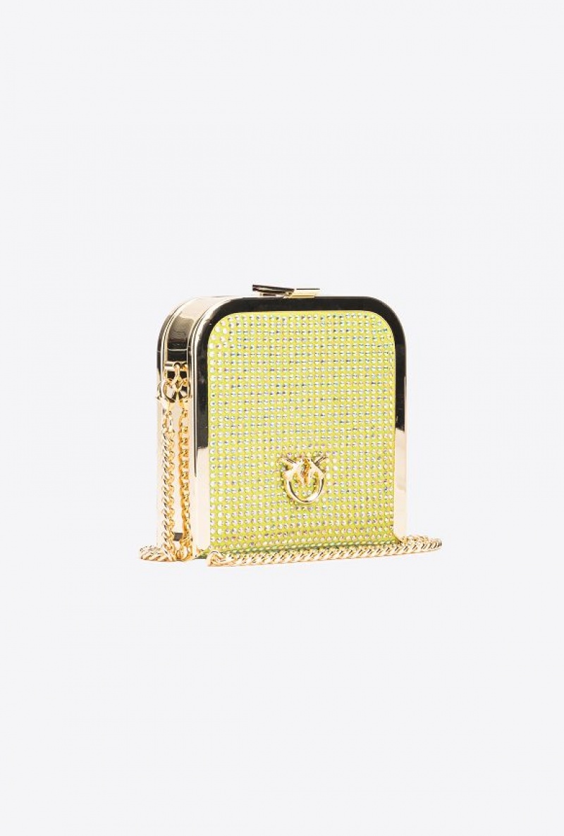 Pinko Fully Rhinestoned Box Clutch YELLOW LIME-SHINY GOLD | SN-PKO32840