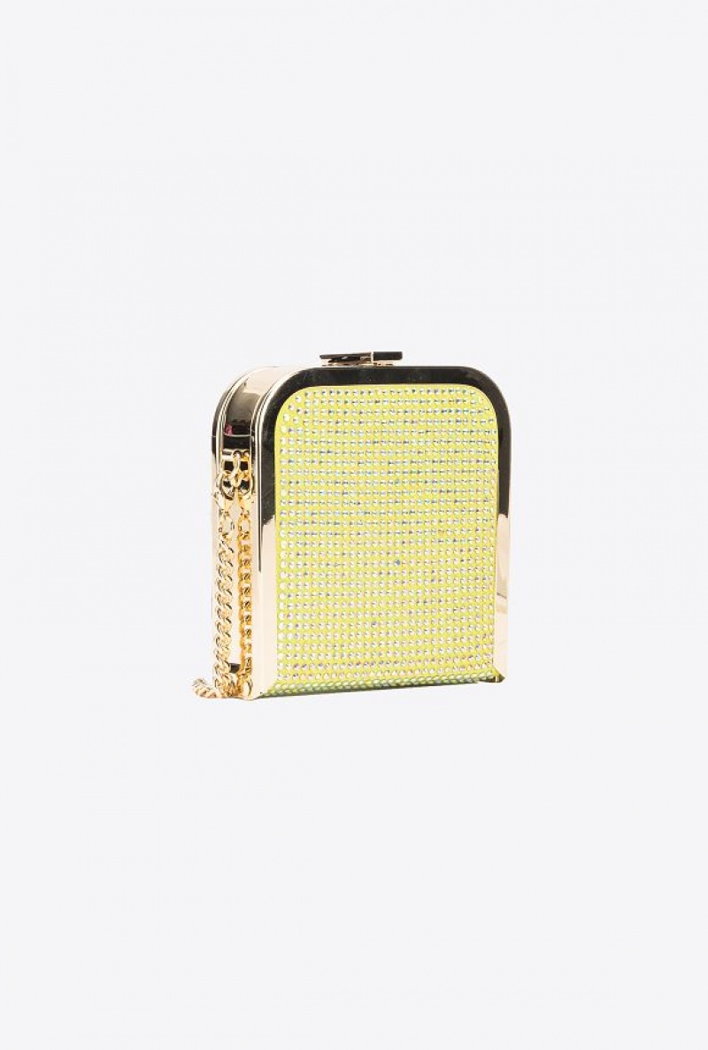 Pinko Fully Rhinestoned Box Clutch YELLOW LIME-SHINY GOLD | SN-PKO32863