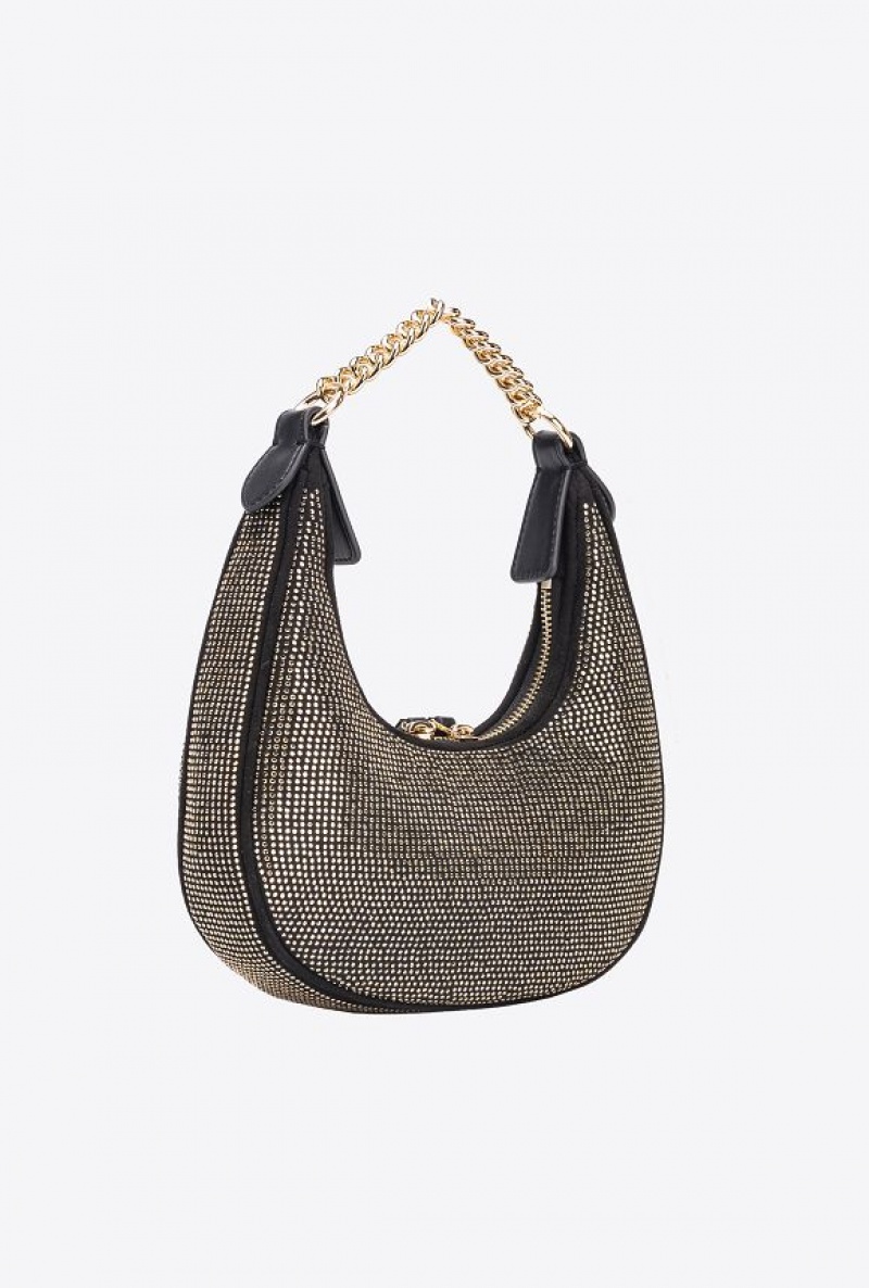 Pinko Fully Rhinestoned Mini Brioche Bag Hobo LIMO BLACK-SHINY GOLD | SN-PKO32597