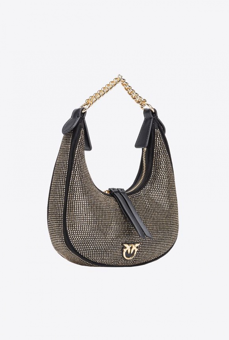 Pinko Fully Rhinestoned Mini Brioche Bag Hobo LIMO BLACK-SHINY GOLD | SN-PKO32597