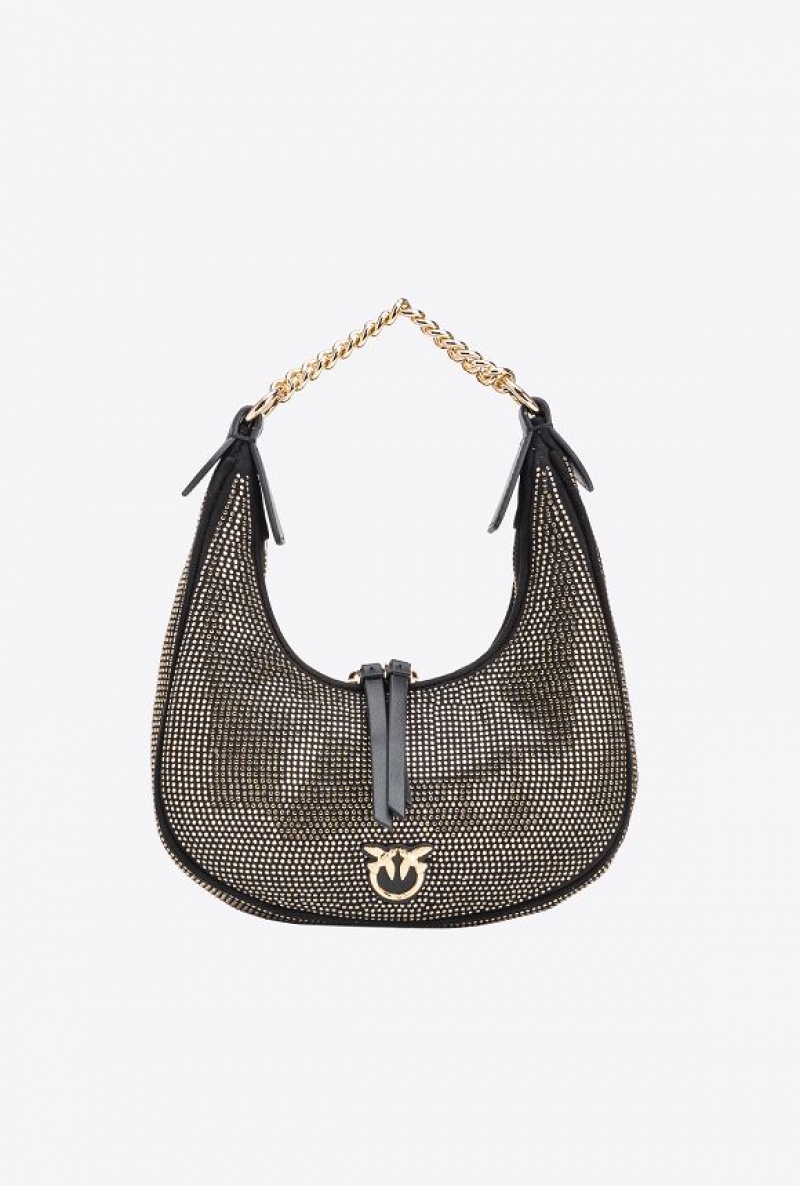 Pinko Fully Rhinestoned Mini Brioche Bag Hobo LIMO BLACK-SHINY GOLD | SN-PKO32869