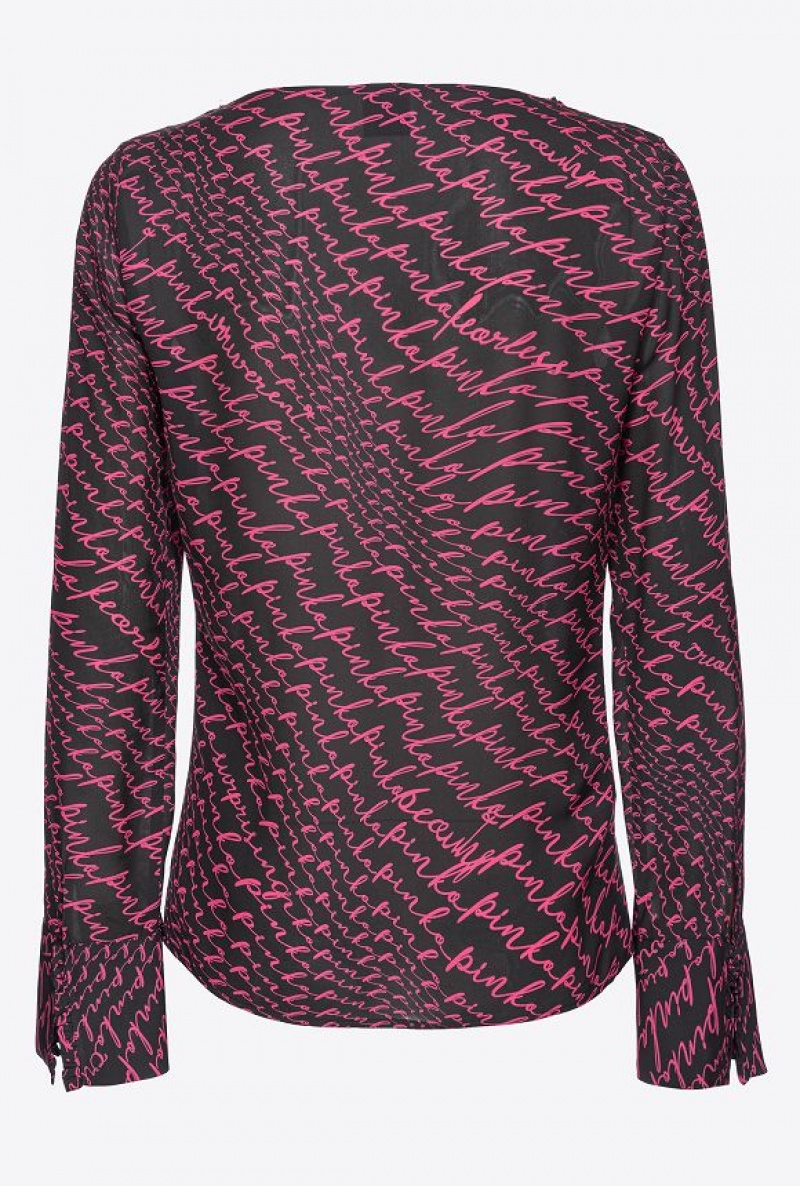 Pinko Georgette Blouse With Fluid Logo Print BLACK/FUCHSIA | SN-PKO33197