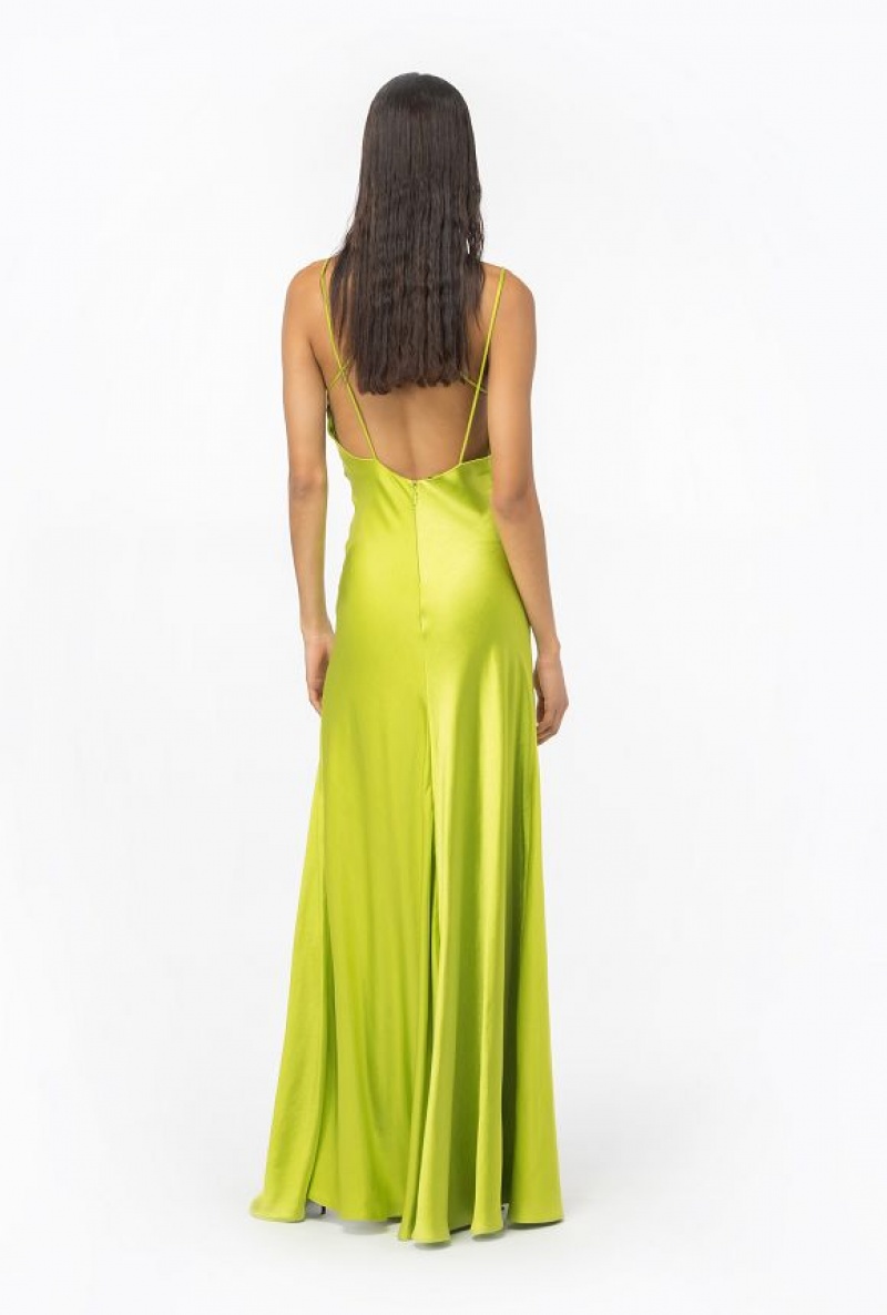 Pinko Hammered Satin Slip Dress LIME YELLOW | SN-PKO33052